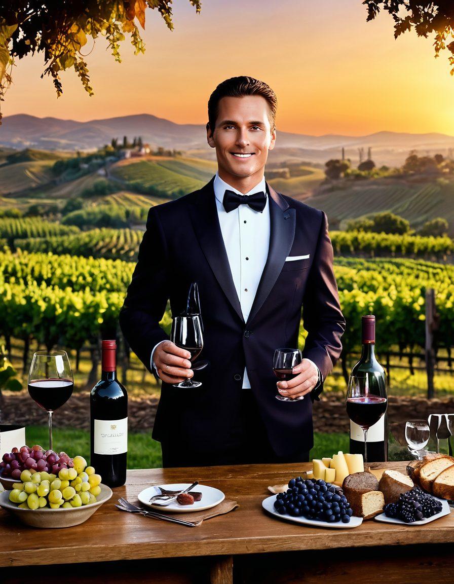 An elegant sommelier holding a glass of red wine, surrounded by an array of wine bottles and gourmet food pairings. The backdrop features a rustic vineyard with rolling hills and grapevines under a golden sunset. The glass sparkles with reflections of light, emphasizing the richness of the wine. The overall ambiance is a blend of sophistication and warmth, inviting viewers into the world of wine appreciation. super-realistic. warm colors. painting.