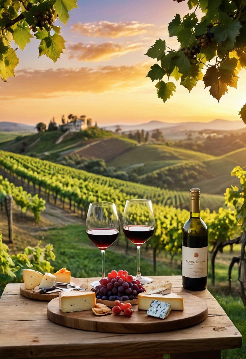 A serene vineyard landscape at sunset, with lush green grapevines stretching into the horizon. A wooden tasting table adorned with elegant wine glasses filled with red and white wines, alongside a selection of artisanal cheeses. A joyful couple clinks their glasses in a toast, capturing the essence of wine tasting bliss. Soft golden hues illuminate the scene, creating a warm and inviting atmosphere. super-realistic. vibrant colors. sunset backdrop.
