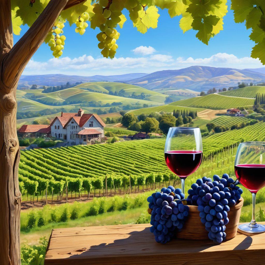 A scenic vineyard stretching across rolling hills under a bright blue sky, with grapes hanging on the vines; a cheerful group of wine enthusiasts toasting with glasses in the foreground, showcasing diverse wine selection and smiles; a rustic wooden sign reading 'From Vineyard to Glass' in the background. vibrant colors. super-realistic.